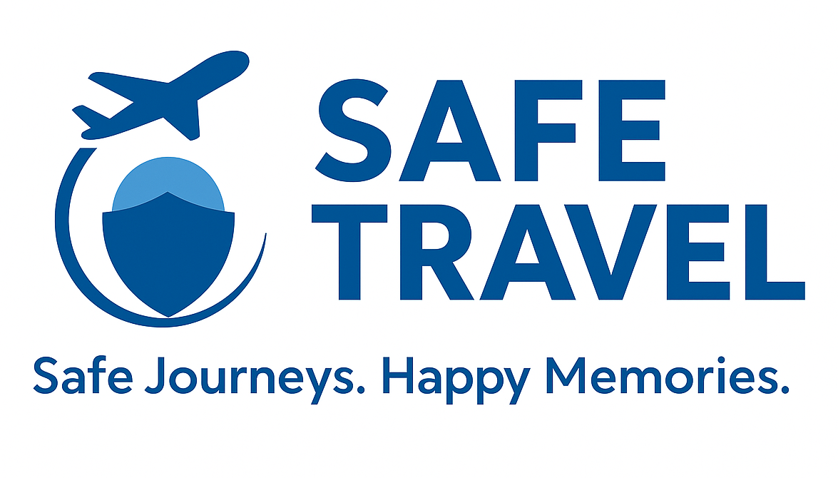 Safe Travel logo featuring an airplane, shield, and the tagline “Safe Journeys. Happy Memories.” on a white background.